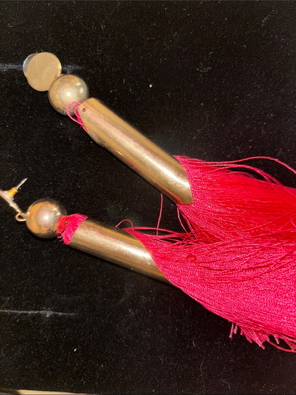 Bold Red Tassel Drop Earrings - Gold Tone